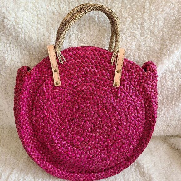 Street Level Bright Pink Straw‎ & Leather Boho Bag - Picture 1 of 9